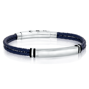 Pulseira Masculina Aço e Couro Azul Trançada