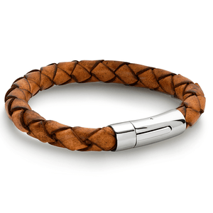 Pulseira Masculina Aço E Couro Marrom Trançada