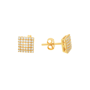 Brinco Chuveiro Quadrado De Ouro 18K E Pedras De Zircônia