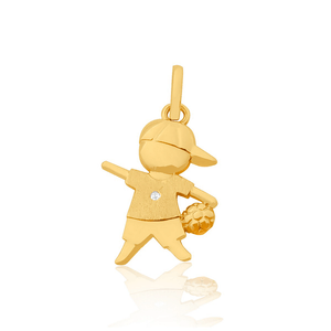Pingente Filhos Menino Com Bola De Ouro 18K E Pedras De Zircônia