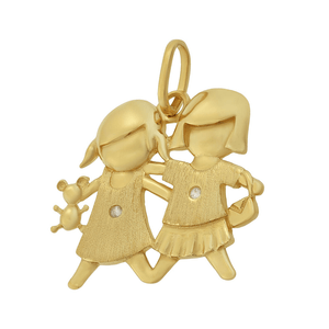 Pingente Filhos 2 Meninas De Ouro 18K E Pedras de Zircônia