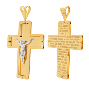 Pingente Cruz Com Cristo E Oração Bicolor De Ouro 18K