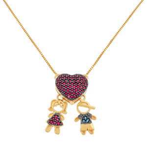 Colar De Ouro 18K Coração Filhos Casal 45cm
