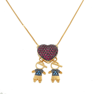 Colar Filhos De Ouro 18K 2 Meninos Coração Com Pedras 45cm