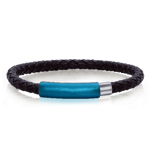 Pulseira Masculina Aço e Couro Azul Trançada