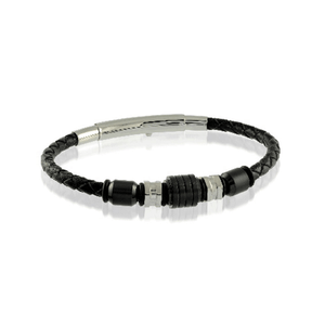 Pulseira Masculina Aço E Couro Preto Trançada Com Miçangas