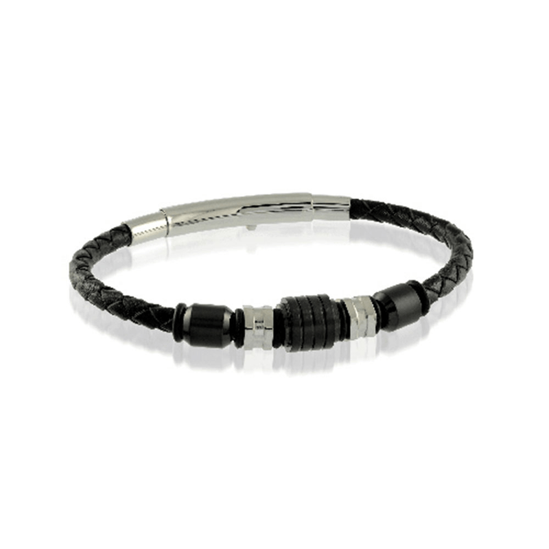 Pulseira-Masculina-Aco-E-Couro-Preto-Trancada-Com-Micangas