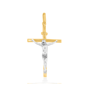 Pingente Cruz Com Cristo 18mm Bicolor De Ouro 18K