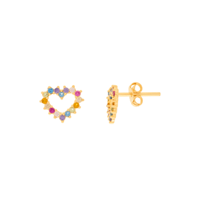 Brinco Coração De Ouro 18k Com Pedras De Zircônia Coloridas Grande