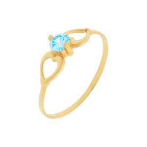 Anel Infantil Dois Corações De Ouro 18k Com Pedra De Zircônia  Azul Claro