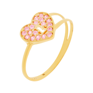 Anel Infantil Coração Com Fechadura De Ouro 18k Com Zircônia Rosa