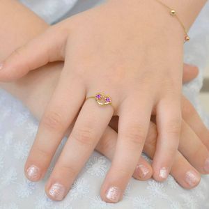 Anel Infantil Coração De Ouro 18k Com Duas Zircônia Lilás