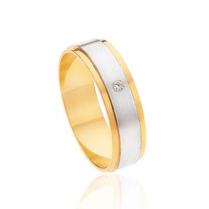 Aliança Trabalhada Ouro Branco E Amarelo Com Diamante Central