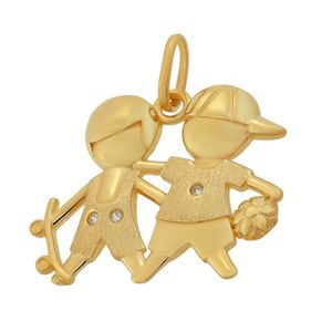Pingente Filhos 2 Meninos De Ouro 18K E Pedras de Zircônia