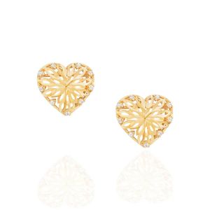 Brinco De Ouro 18k Coração Com Detalhe de Folhas e Zircônias