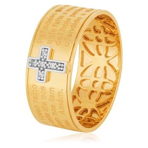 Anel De Ouro 18K Oração Pai Nosso e Cruz