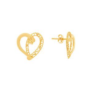 Brinco Coração De Ouro 18k Metade Vazado 14mm