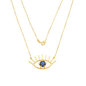 Colar De Ouro 18k Olho Grego Com Zircônia Safira 45cm