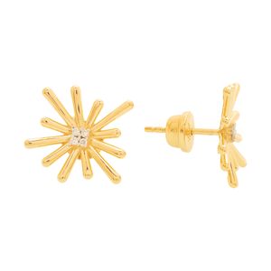 Brinco De Ouro 18k Flor 14MM Com Brilhantes