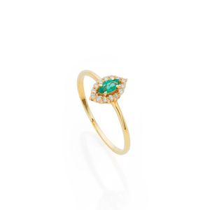 Anel de Ouro 18k Pedra Navete Esmeralda e Brilhantes