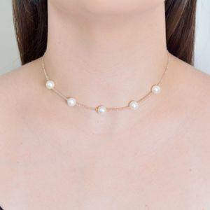 Colar Choker Safira Bege e Pérolas De Àgua  Doce Ouro 18k 35cm