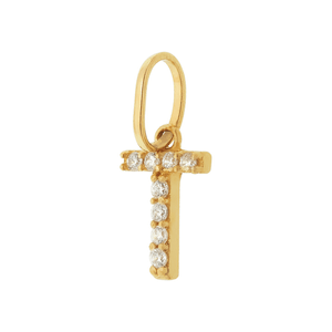 Pingente Letra T De Ouro 18K E Pedras De Zircônia