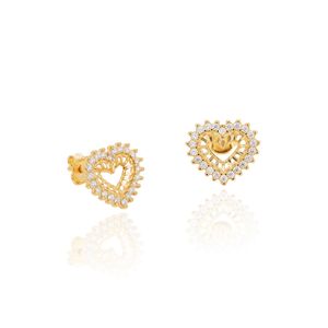 Brinco Coração de Ouro 18k E Zircônias