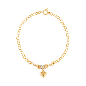 Pulseira De Ouro 18k Com  Argola Tricolor e  Coração
