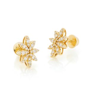 Brinco De Ouro 18K Flor De Brilhantes