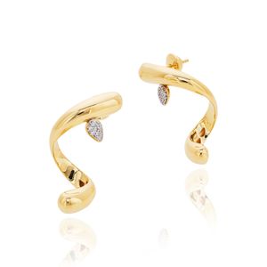 Brinco De Ouro 18K Orgânico Gota Com Zircônias