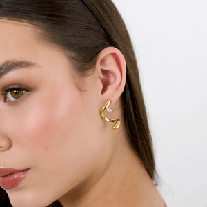 Brinco De Ouro 18K Orgânico Gota Com Zircônias