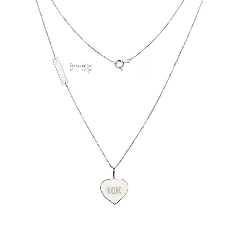 Colar De Prata 925 Coração 10K Com Placa Personalizada